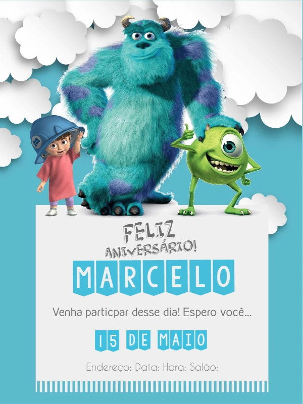 Convite Aniversário Monstros SA com Personagens para Editar