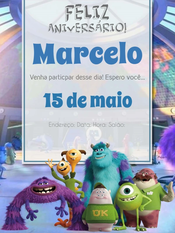 Convite Aniversário Monstros SA com Personagens para Editar Online