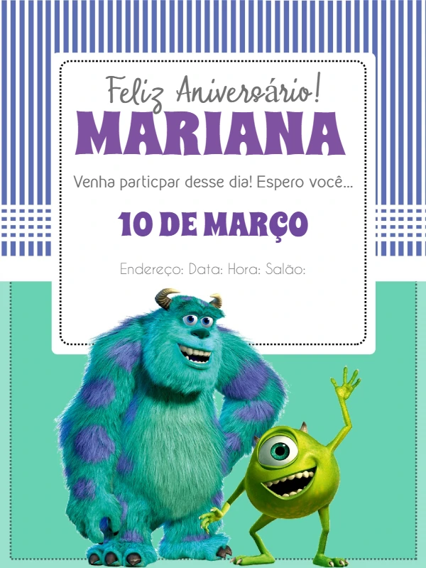 Convite de Aniversário Monstros SA para Editar Online e Imprimir