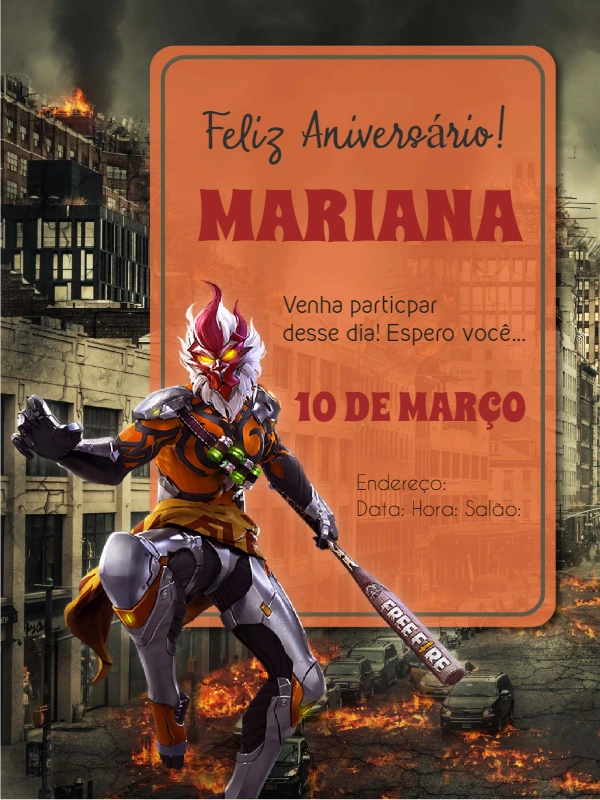 Convite de Aniversário Free Fire com Personagens para Editar