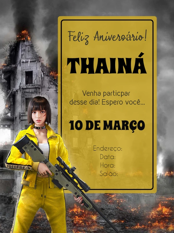 Convite Aniversário Free Fire com Personagem para Editar Online