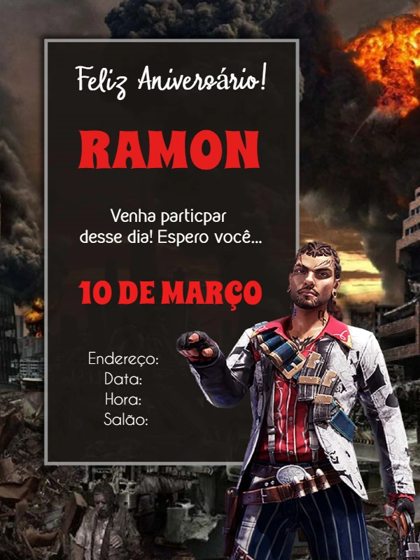 Convite de Aniversário Free Fire para Editar Online e Imprimir