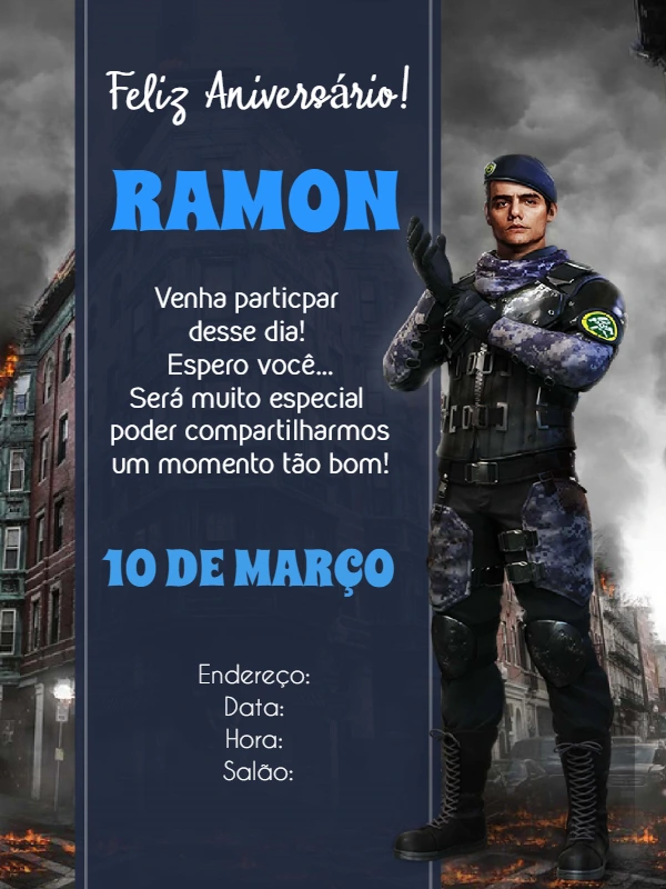 Convite de Aniversário Free Fire com Personagem para Editar