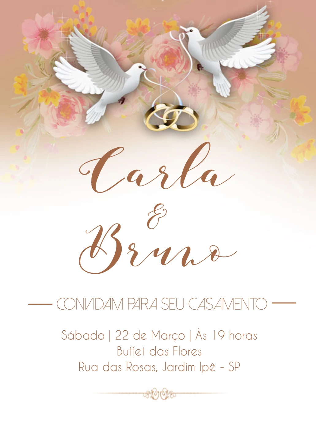 Convite de Casamento com Pássaros e Flores para Editar Online