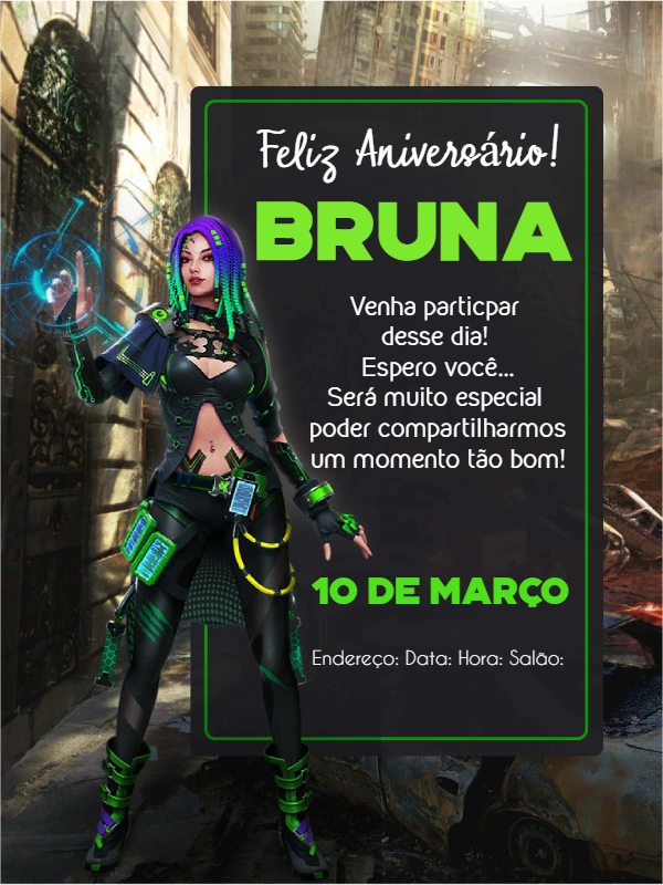 Convite de Aniversário Free Fire Feminino Editável Online