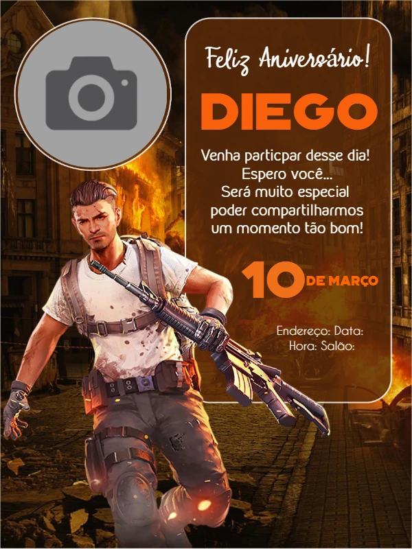 Convite de Aniversário Free Fire com Foto para Editar Online