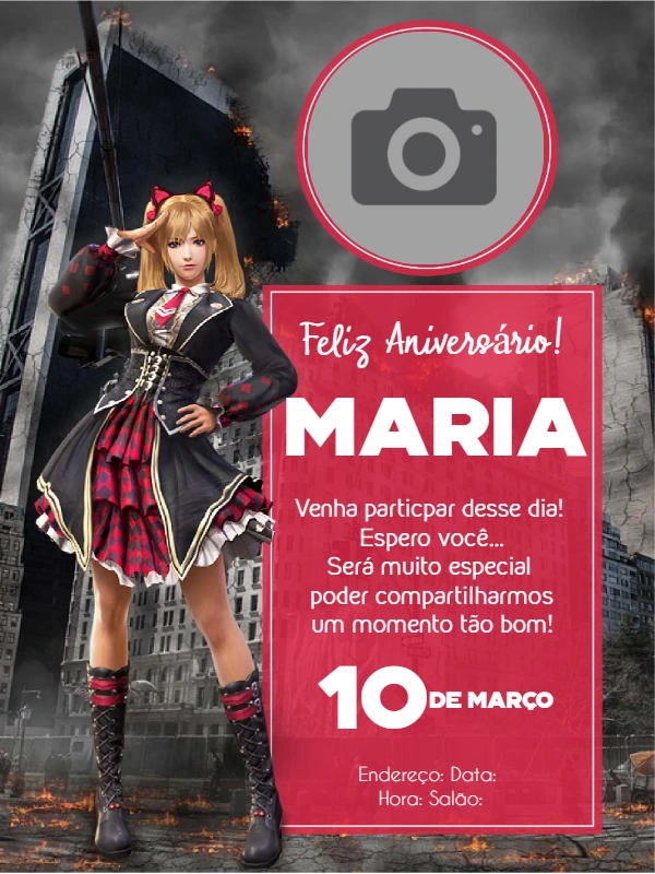 Convite Aniversário Free Fire com Foto para Editar Online