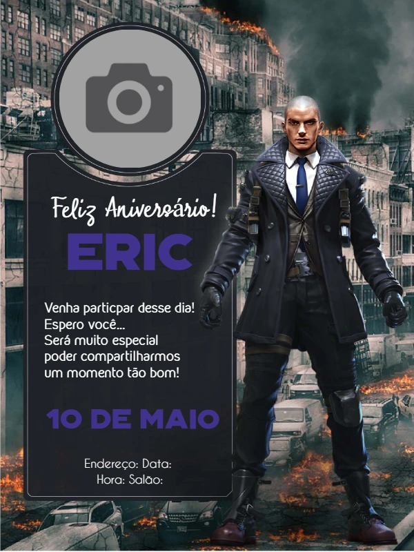 Convite Aniversário Free Fire com Foto para Editar Online
