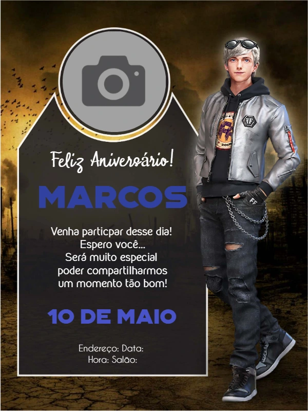 Convite Aniversário Free Fire com Foto para Editar Online