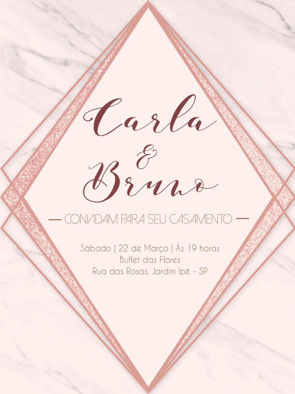 Convite de Casamento Rosê Gold Marmorizado para Editar Online