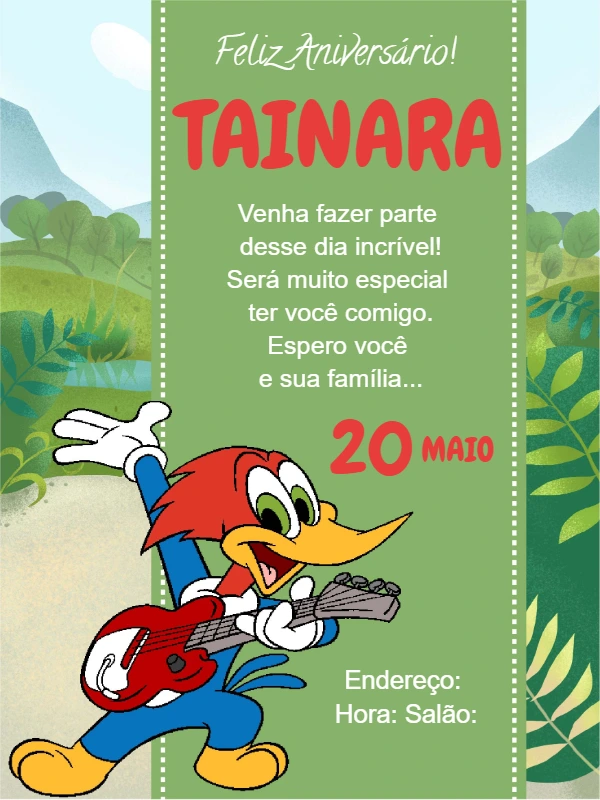 Convite de Aniversário Pica Pau para Editar Online