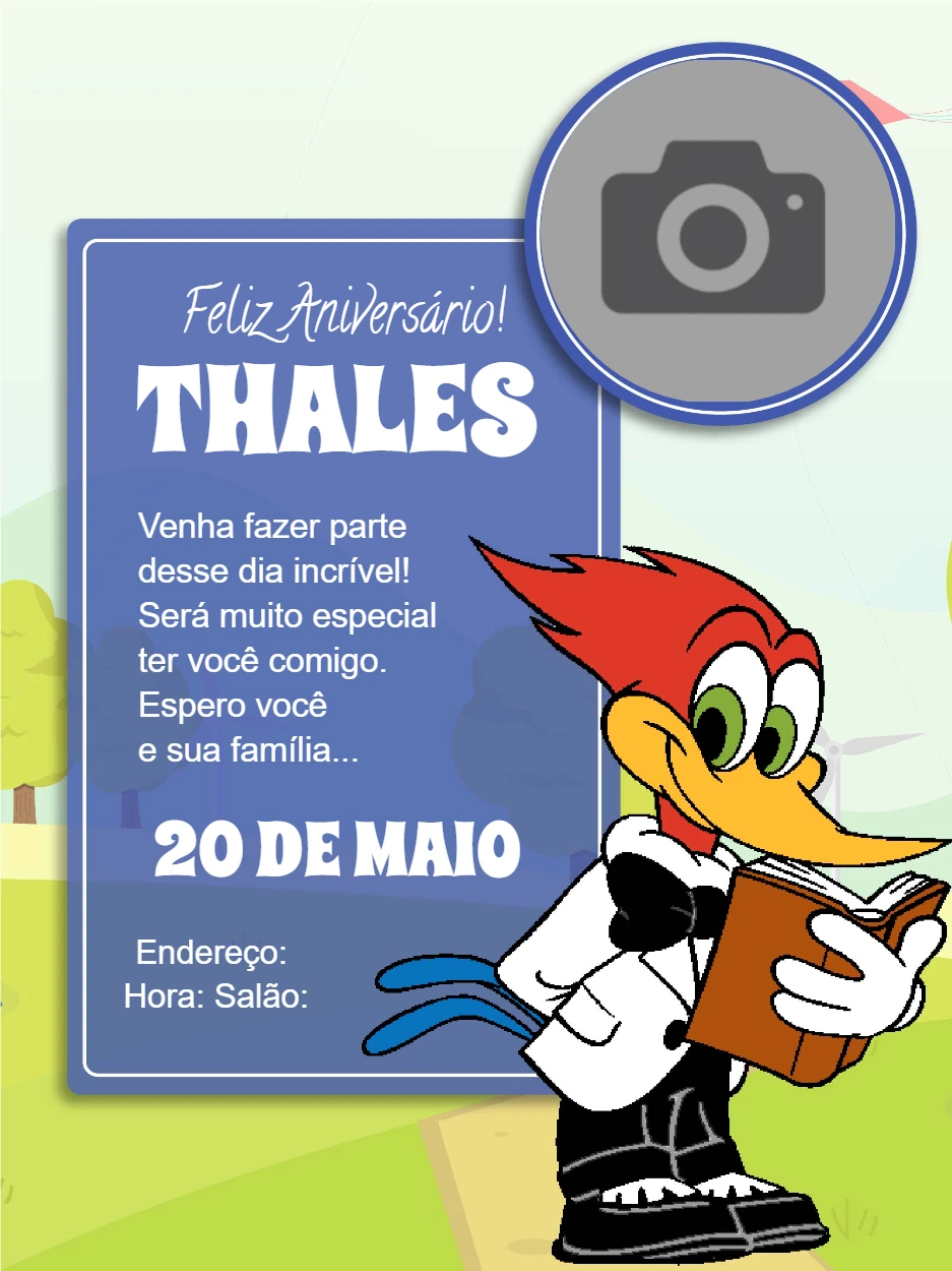 Convite de Aniversário Pica Pau com Foto para Editar Online