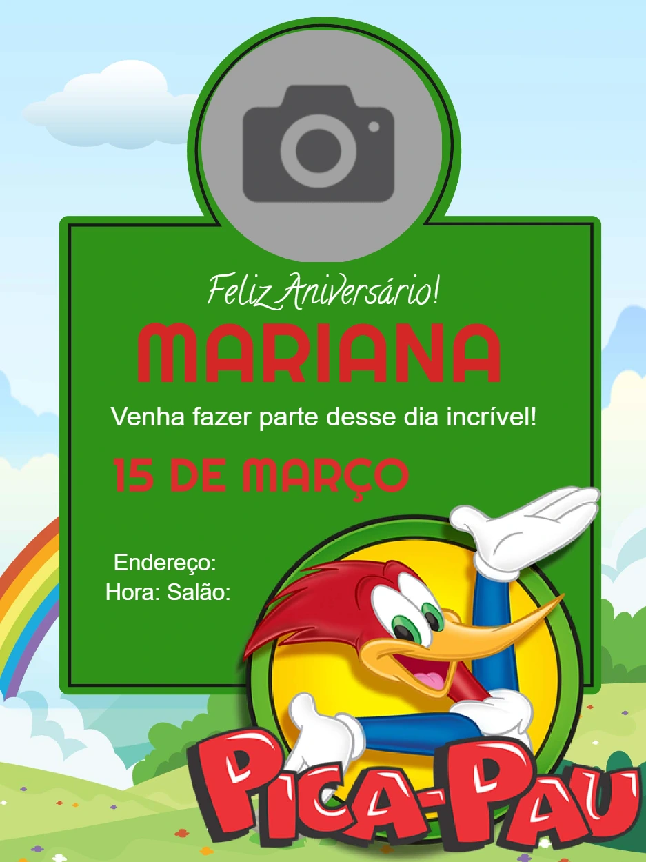 Convite Aniversário Pica-Pau com Foto para Editar Online
