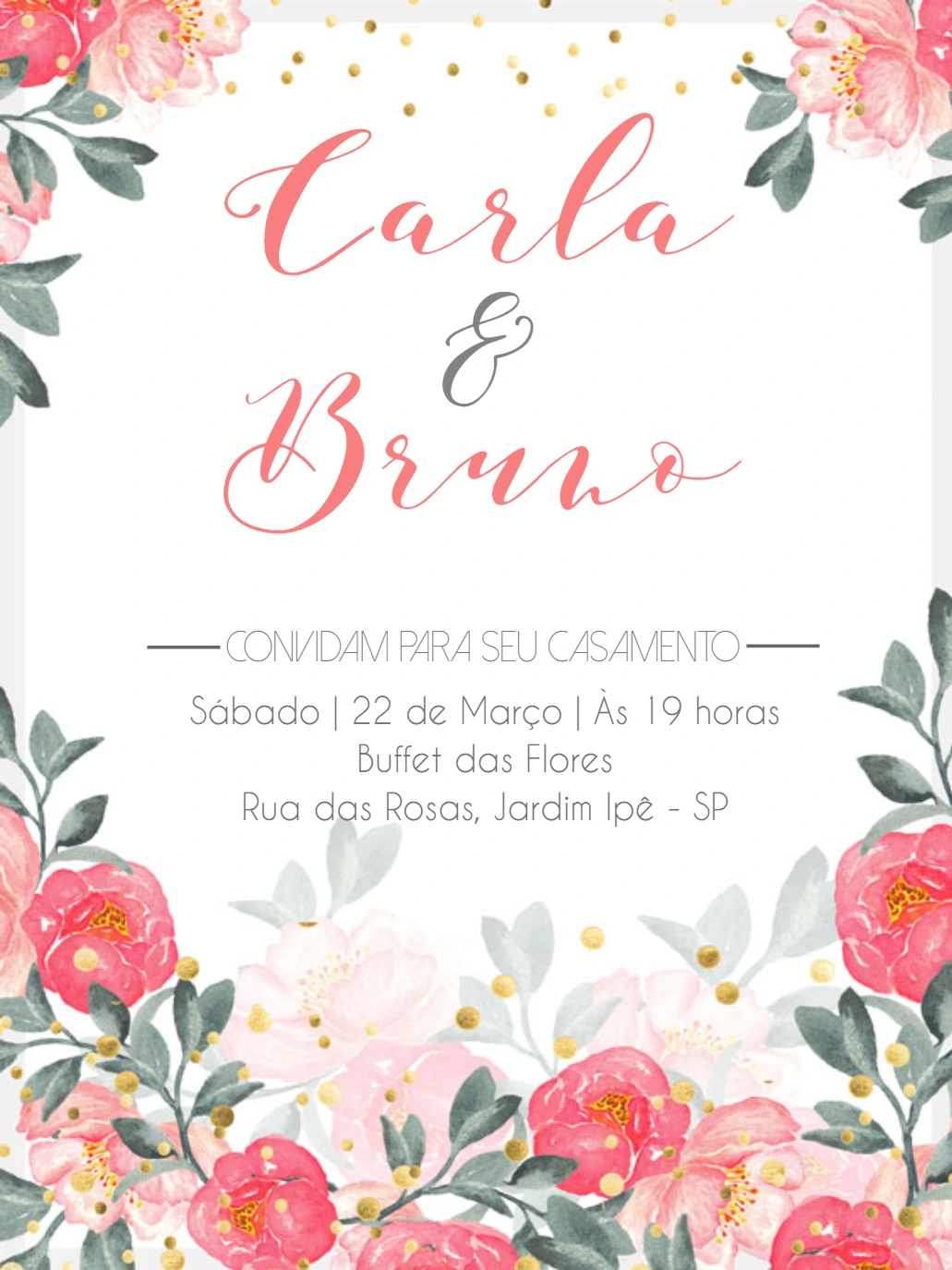 Convite de Casamento Floral Rosa e Dourado para Editar