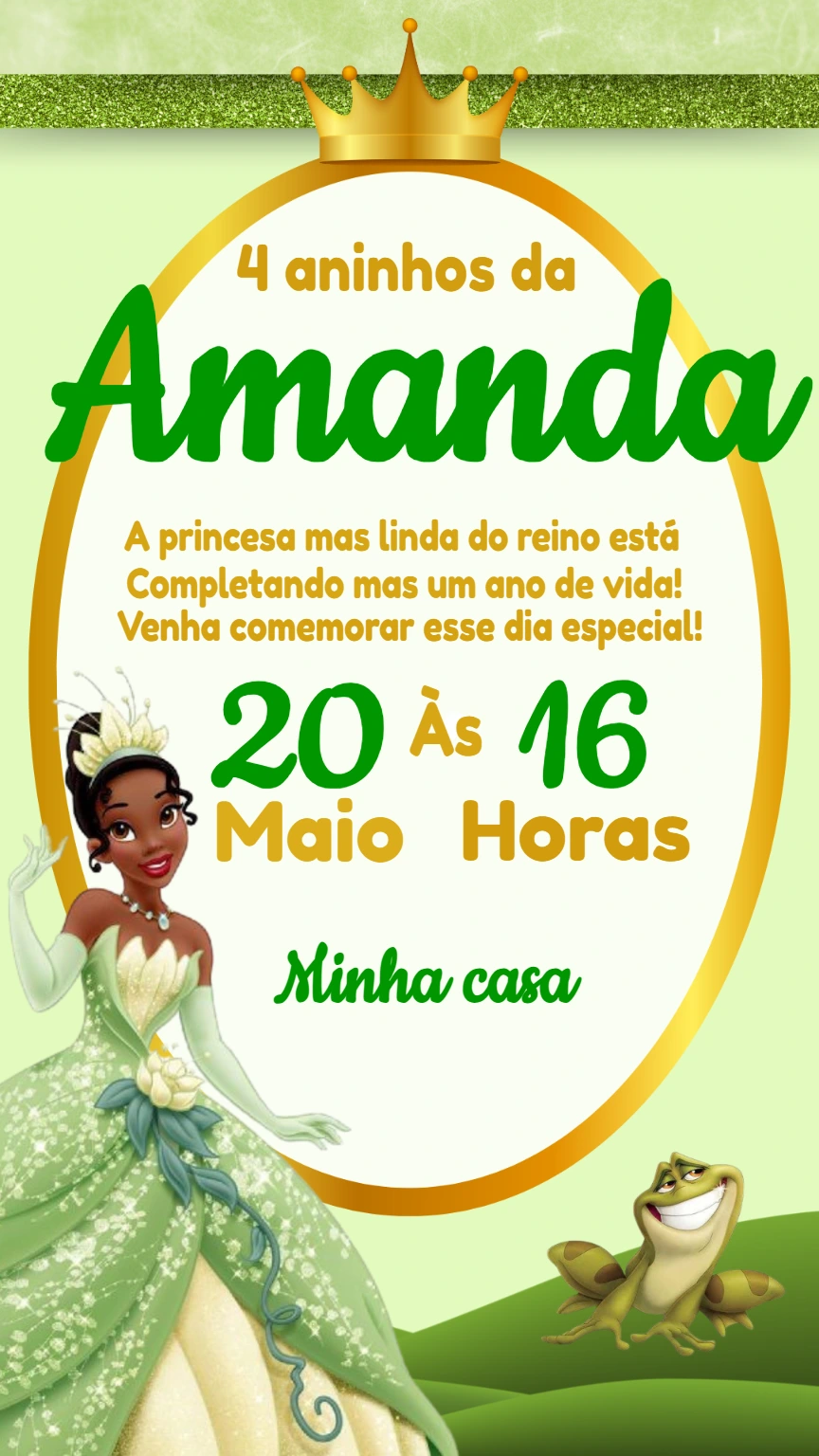 Convite Aniversário Princesa Tiana para Editar Online