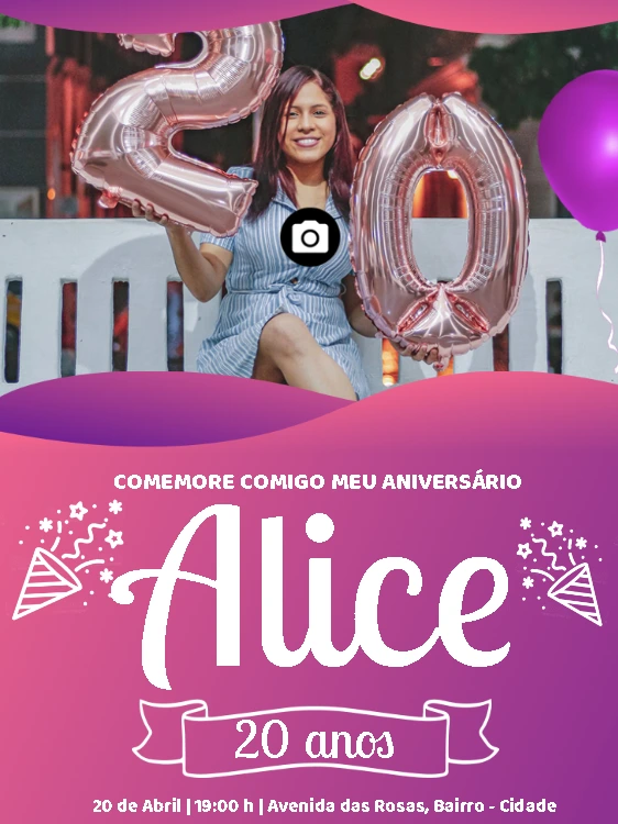 Convite de Aniversário Feminino com Foto Editável Online