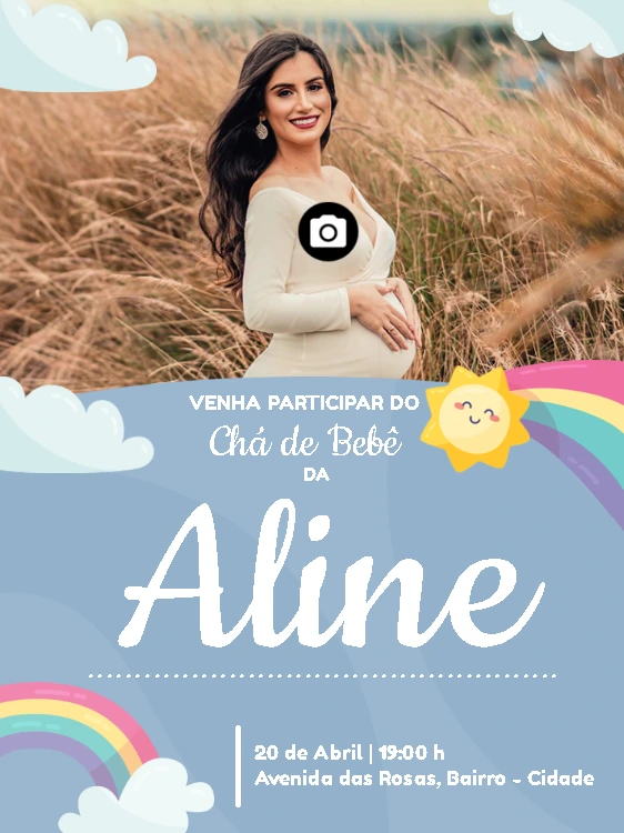 Convite Chá de Bebê Arco Íris com Foto para Editar Online