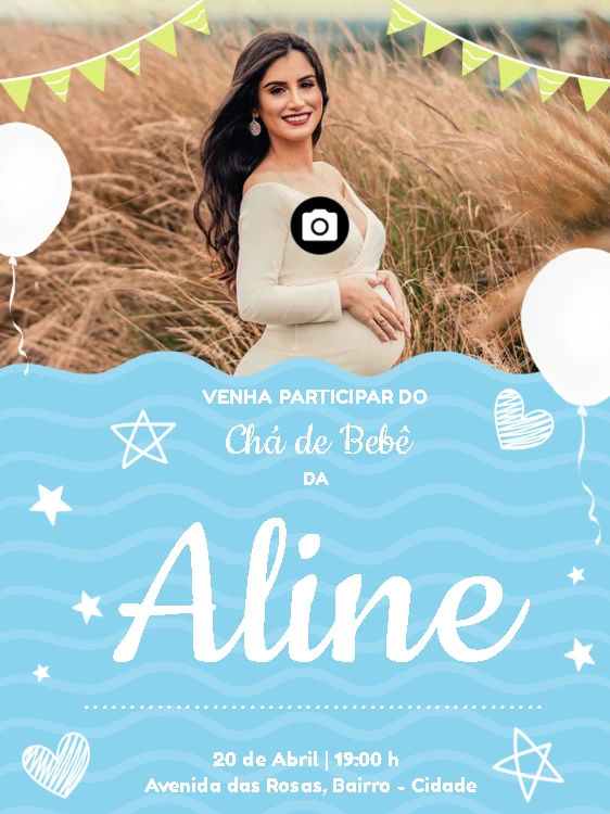 Convite Chá de Bebê Menino com Foto para Editar Online