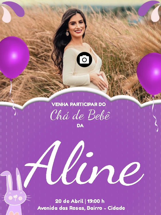 Convite Chá de Bebê Lilás com Foto para Editar Online
