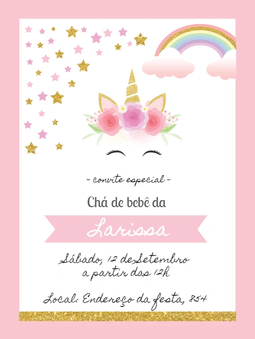 Convite Chá de Bebê Unicórnio Glitter para Editar Online