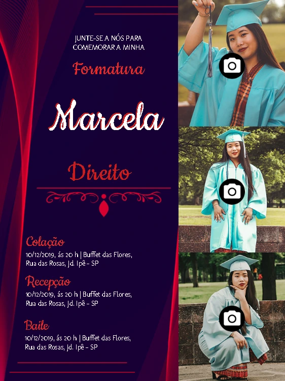 Convite de Formatura de Direito com Fotos para Editar