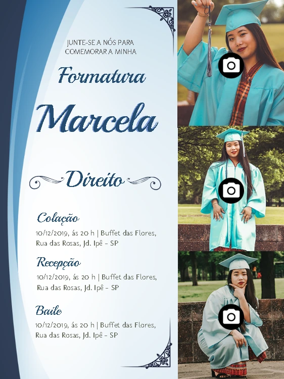 Convite de Formatura em Direito com Fotos para Editar Online