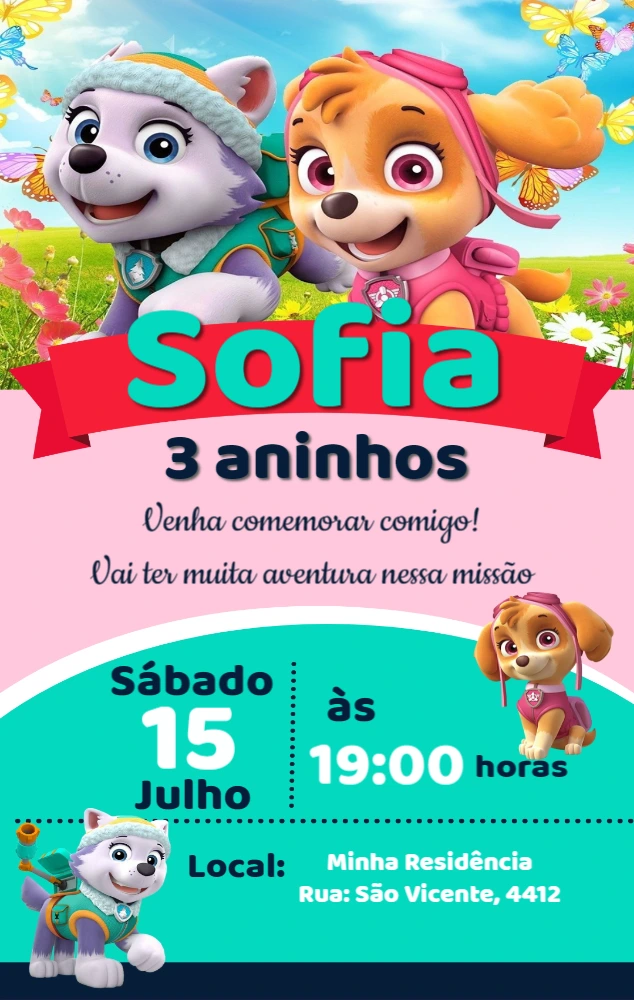 Convite de Aniversário Patrulha Canina Menina para Editar Online