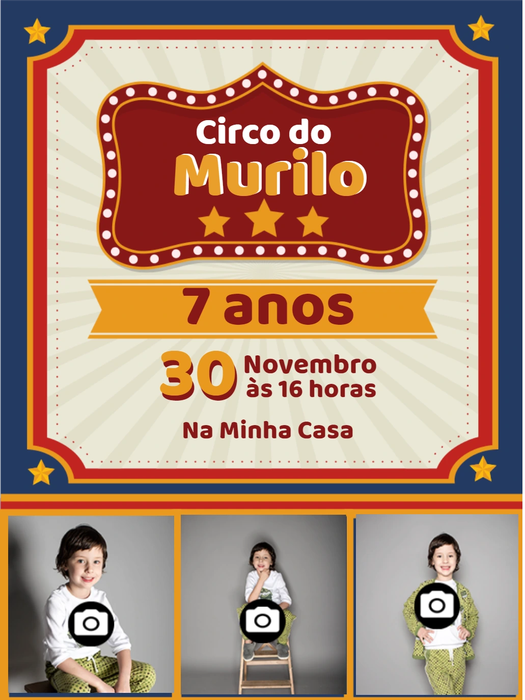 Convite Aniversário Circo com Foto para Editar Online