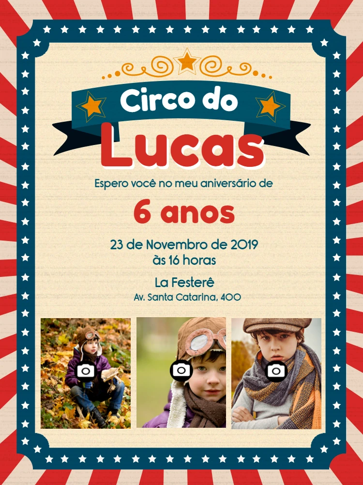 Convite de Aniversário Circo com Foto para Editar Online