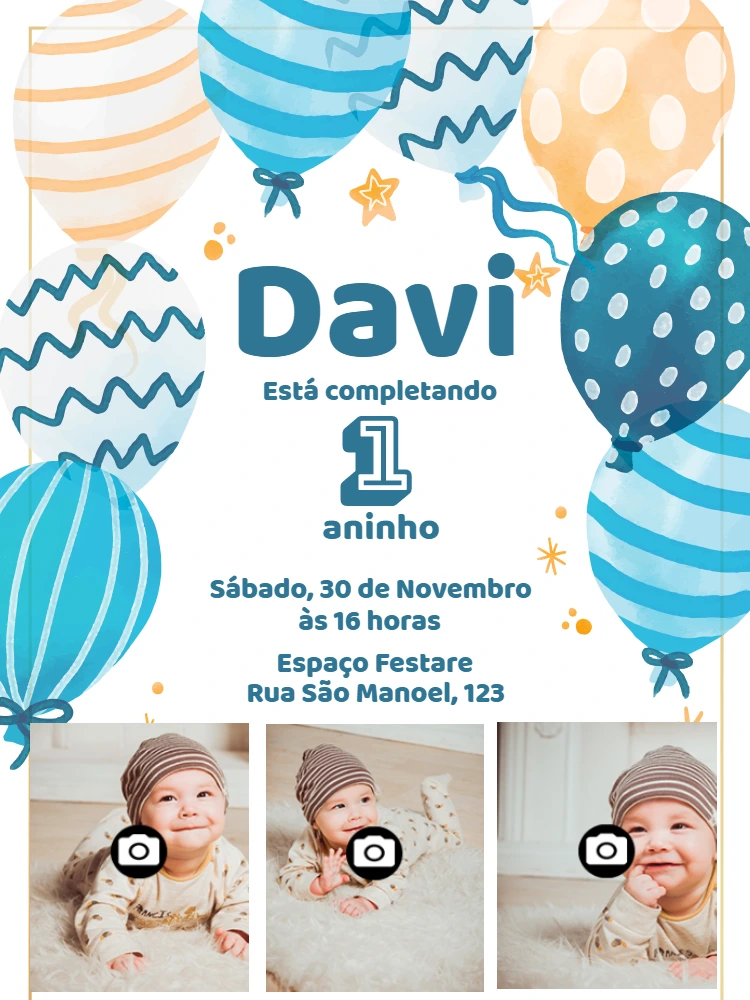 Convite de Aniversário Menino com Balões e Fotos para Editar