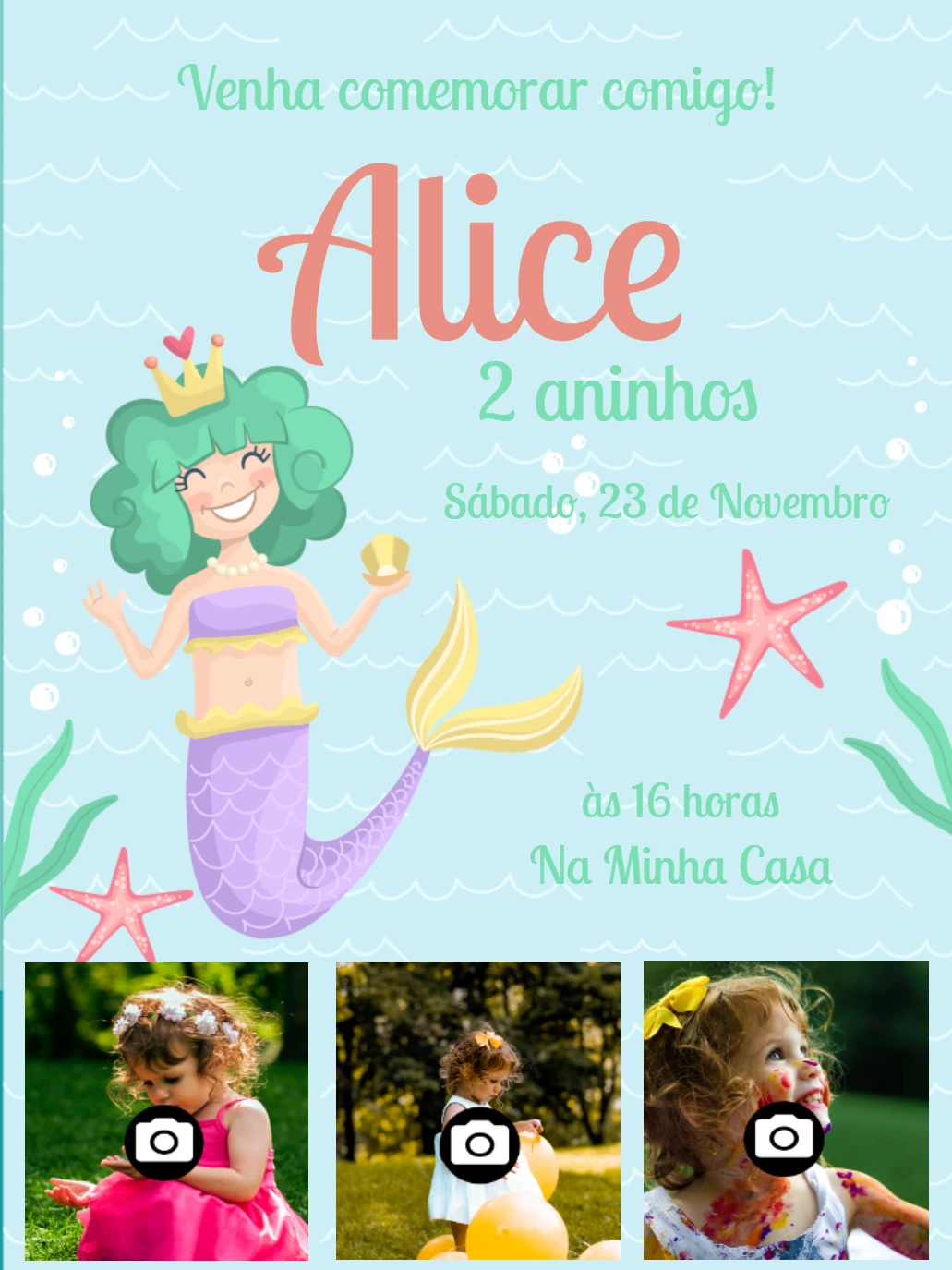 Convite de Aniversário Sereia com Foto para Editar Online