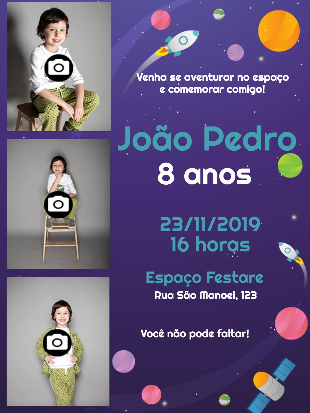 Convite de Aniversário Astronauta com Foto para Editar Online