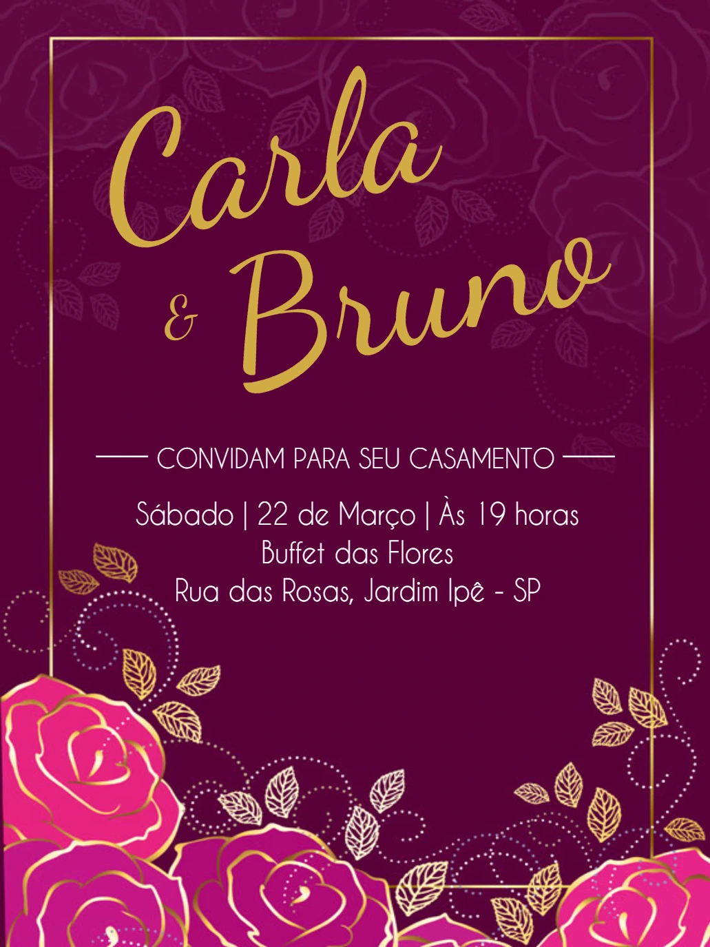 Convite de Casamento Floral com Rosas Douradas para Editar