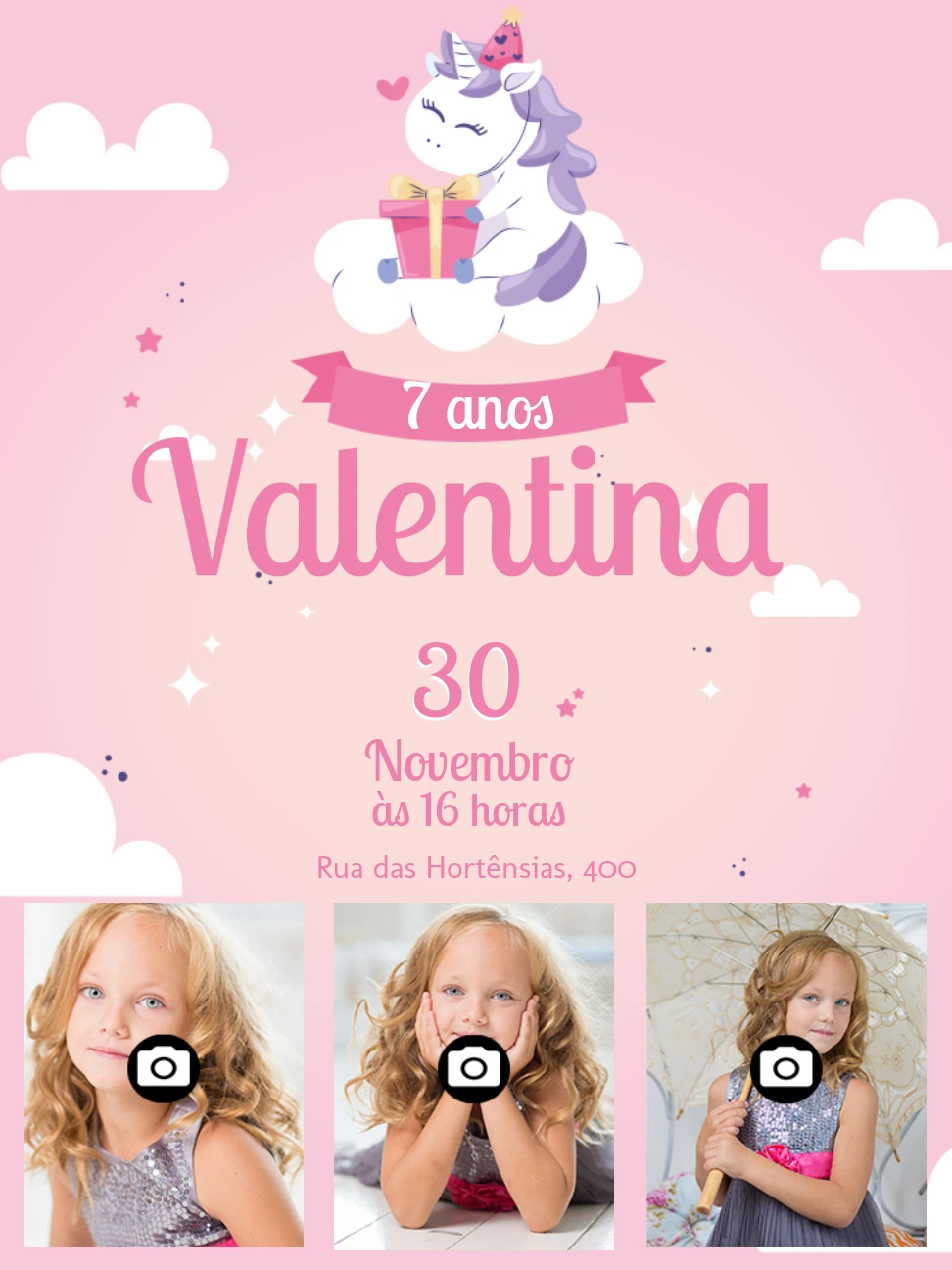 Convite de Aniversário Unicórnio com Fotos para Editar Online