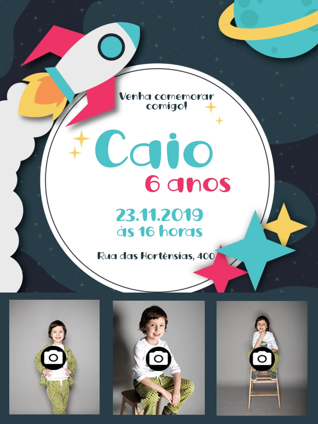 Convite Aniversário Astronauta com Foto para Editar Online