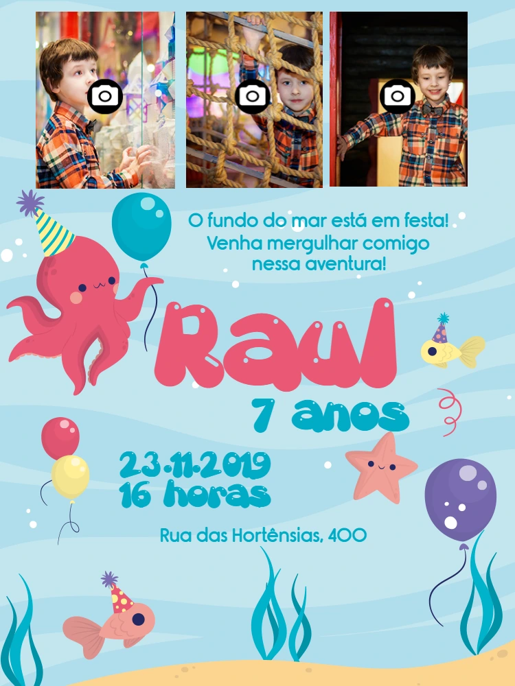 Convite Aniversário Fundo do Mar com Fotos para Editar Online