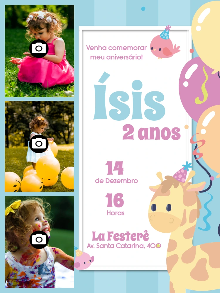 Convite de Aniversário Girafinha com Fotos para Editar Online