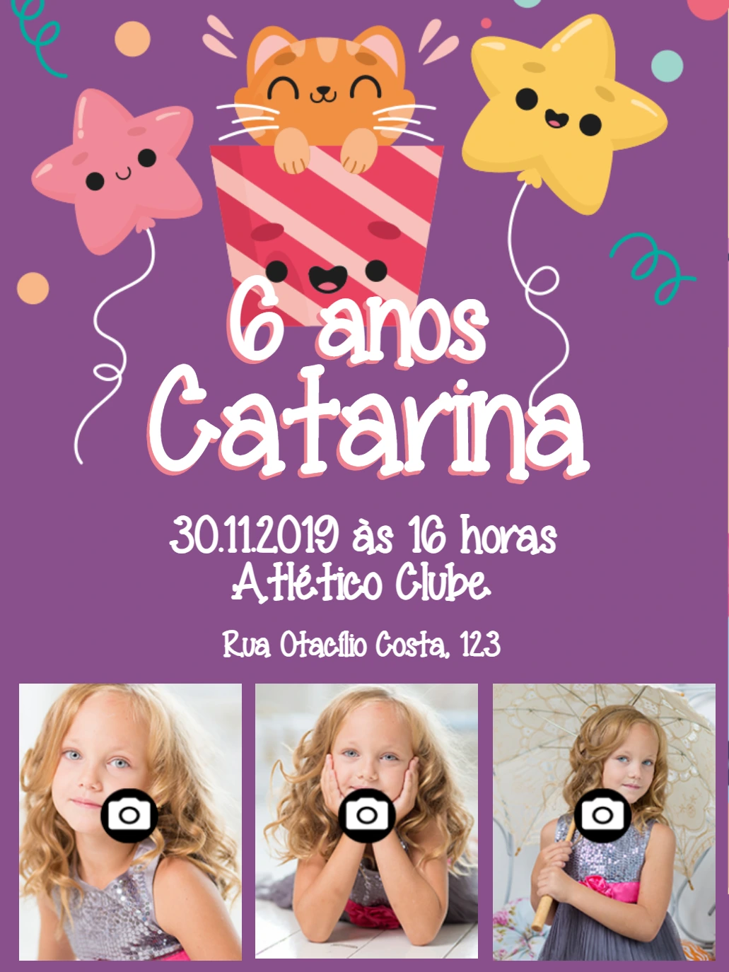 Convite Aniversário Gatinhos com Foto para Editar Online