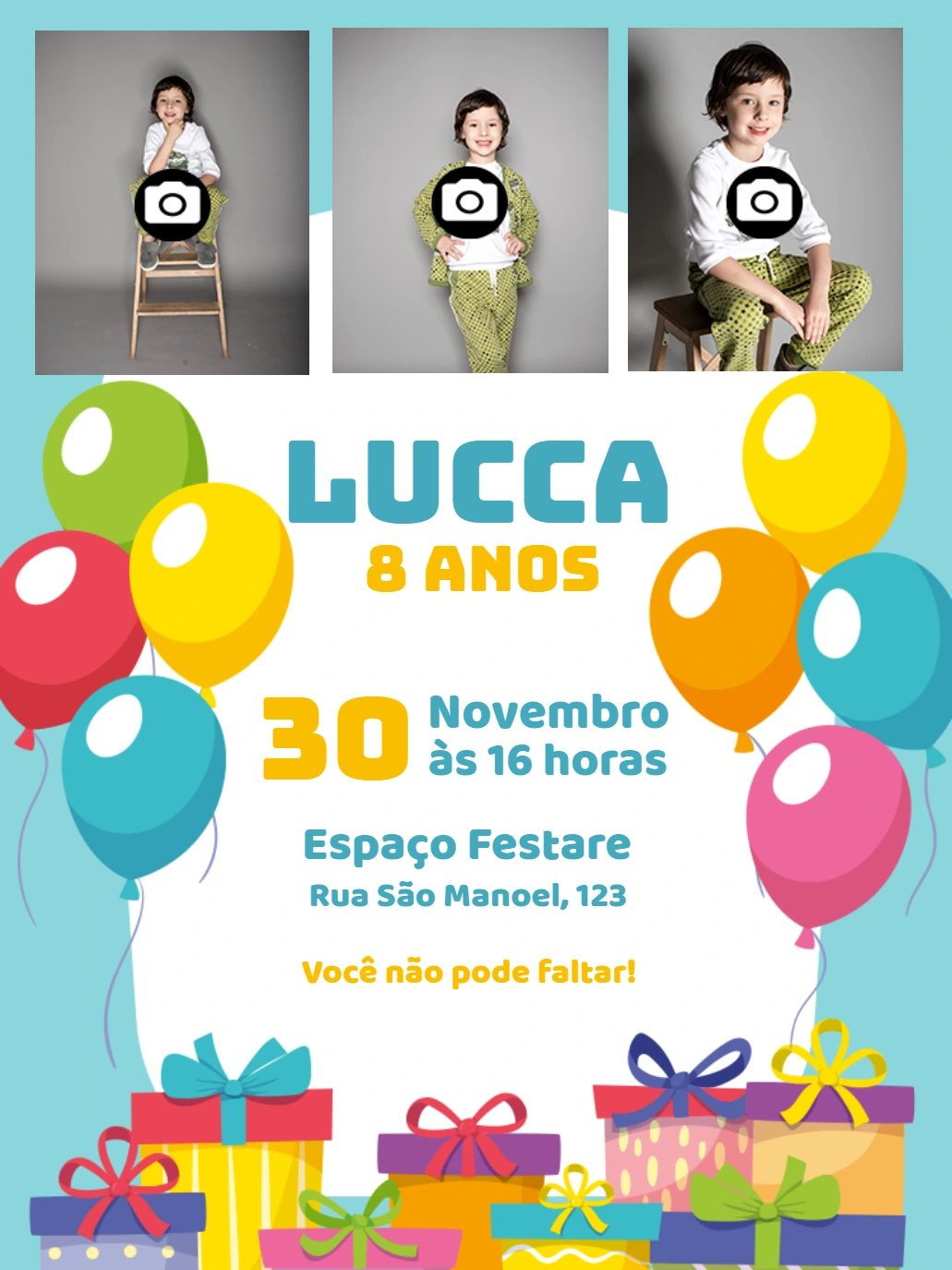Convite de Aniversário Balões com Foto para Editar Online