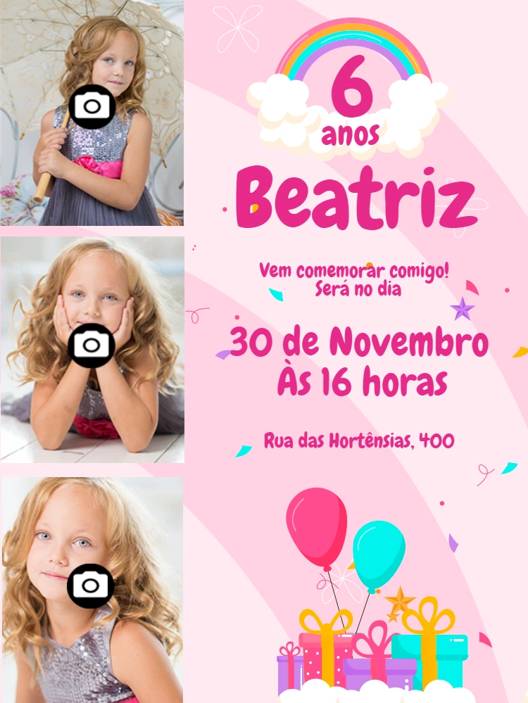 Convite de Aniversário com Colagem de Fotos para Editar