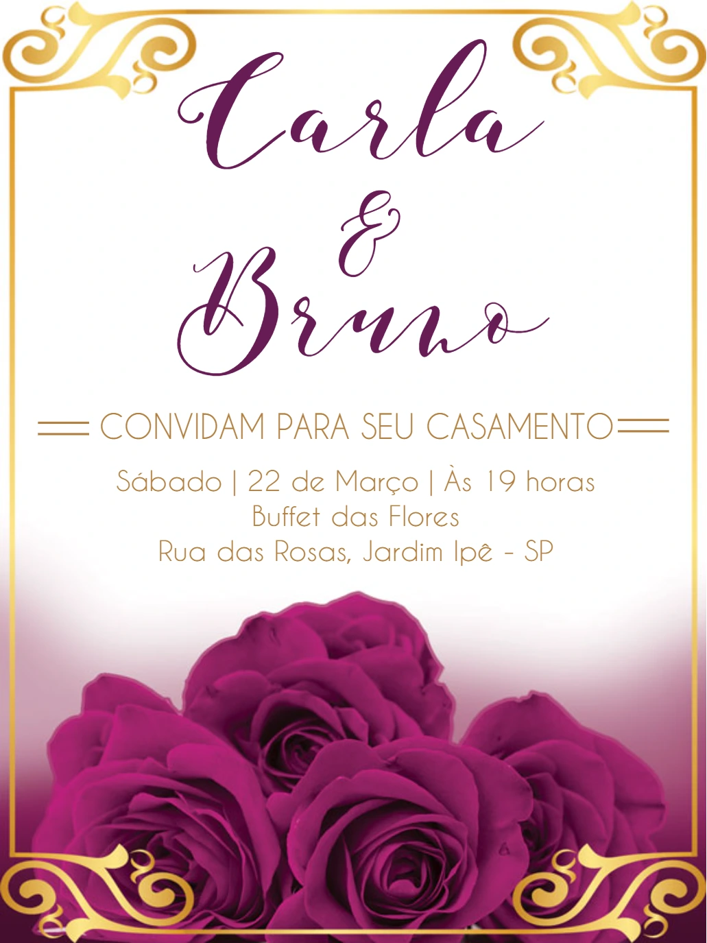 Convite de Casamento Rosas Roxo e Dourado para Editar Online