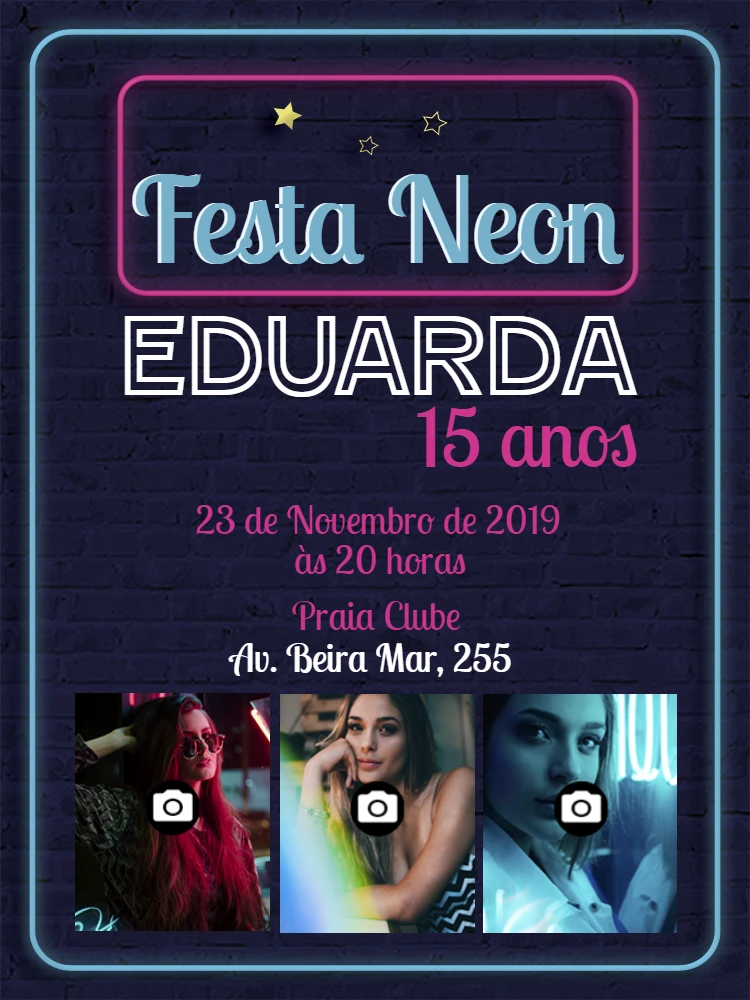 Convite de Aniversário Neon com Foto para Editar Online