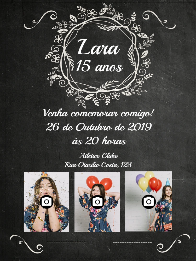 Convite 15 Anos Chalkboard com Fotos para Editar Online