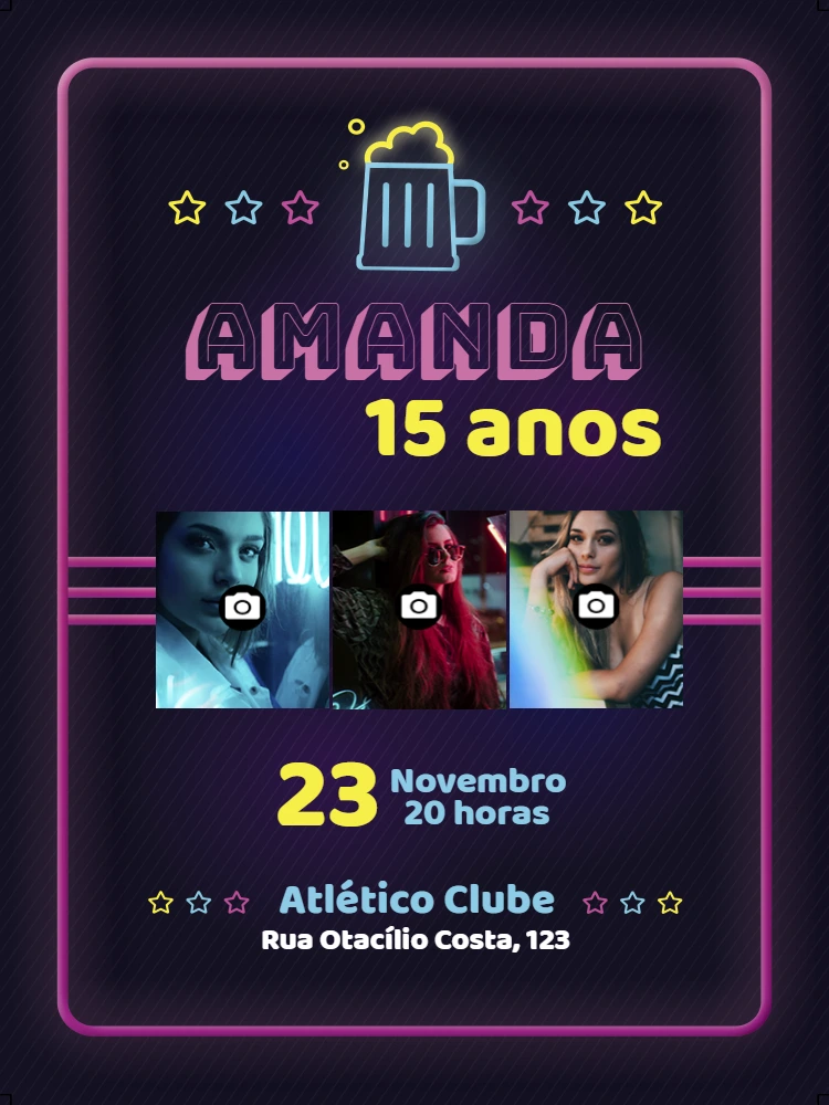Convite de Aniversário Neon com Fotos Editável Online