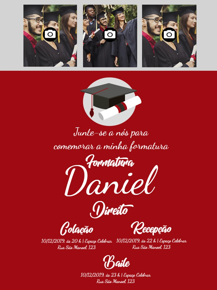 Convite de Formatura com Fotos para Editar Online e Imprimir