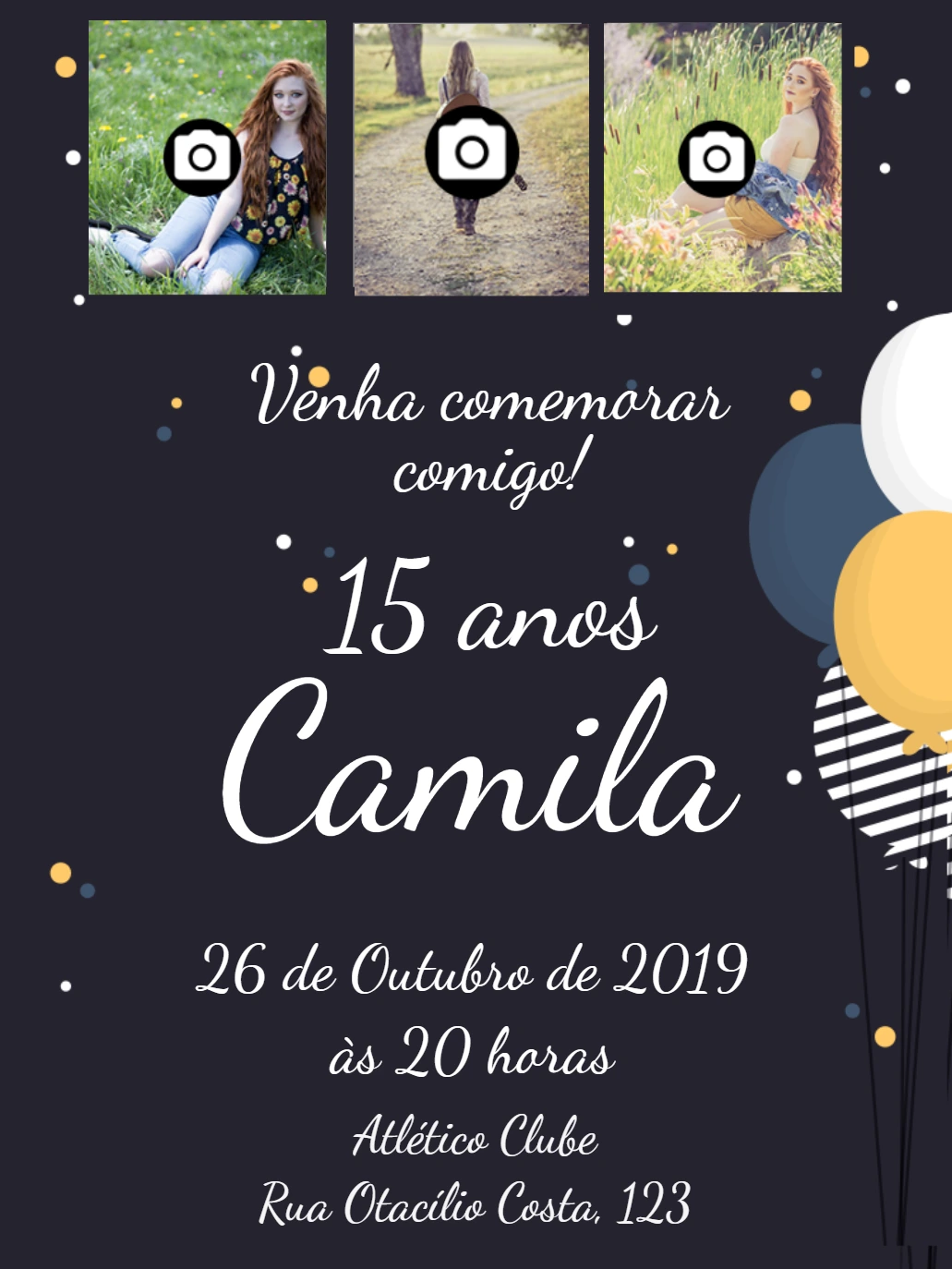Convite de 15 Anos com 3 Fotos para Editar Online