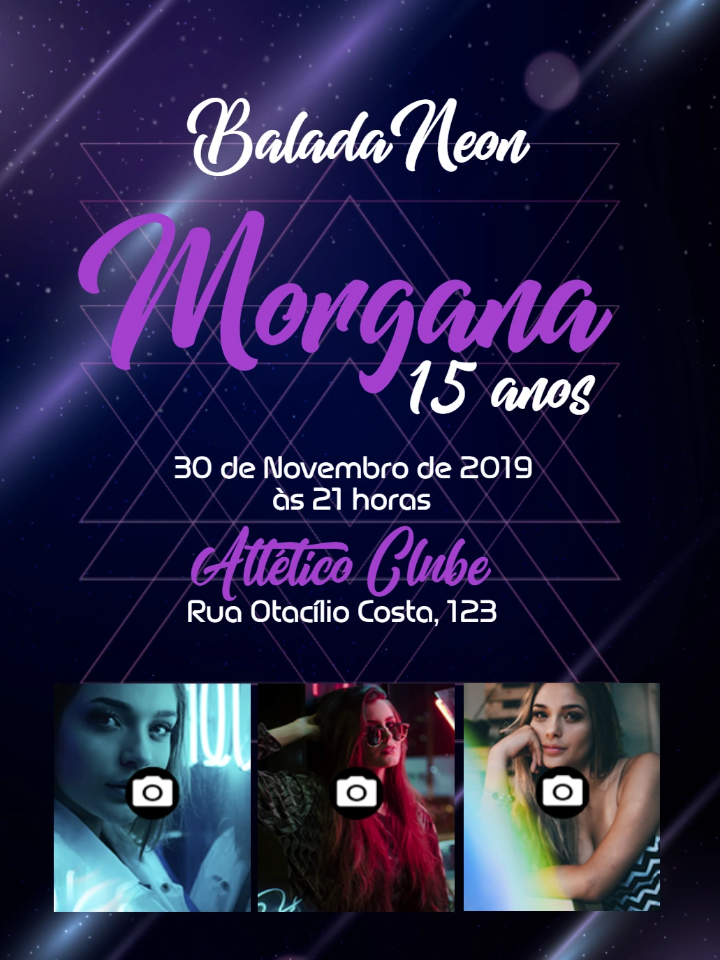 Convite de Aniversário Neon com Fotos para Editar Online
