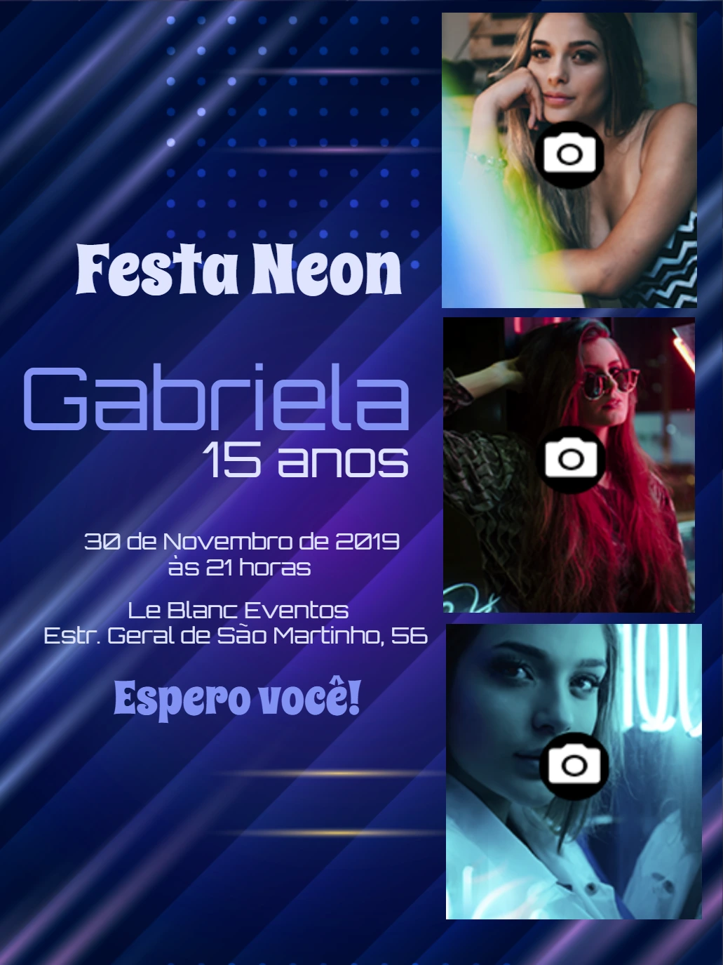 Convite de Aniversário Neon com Fotos para Editar Online