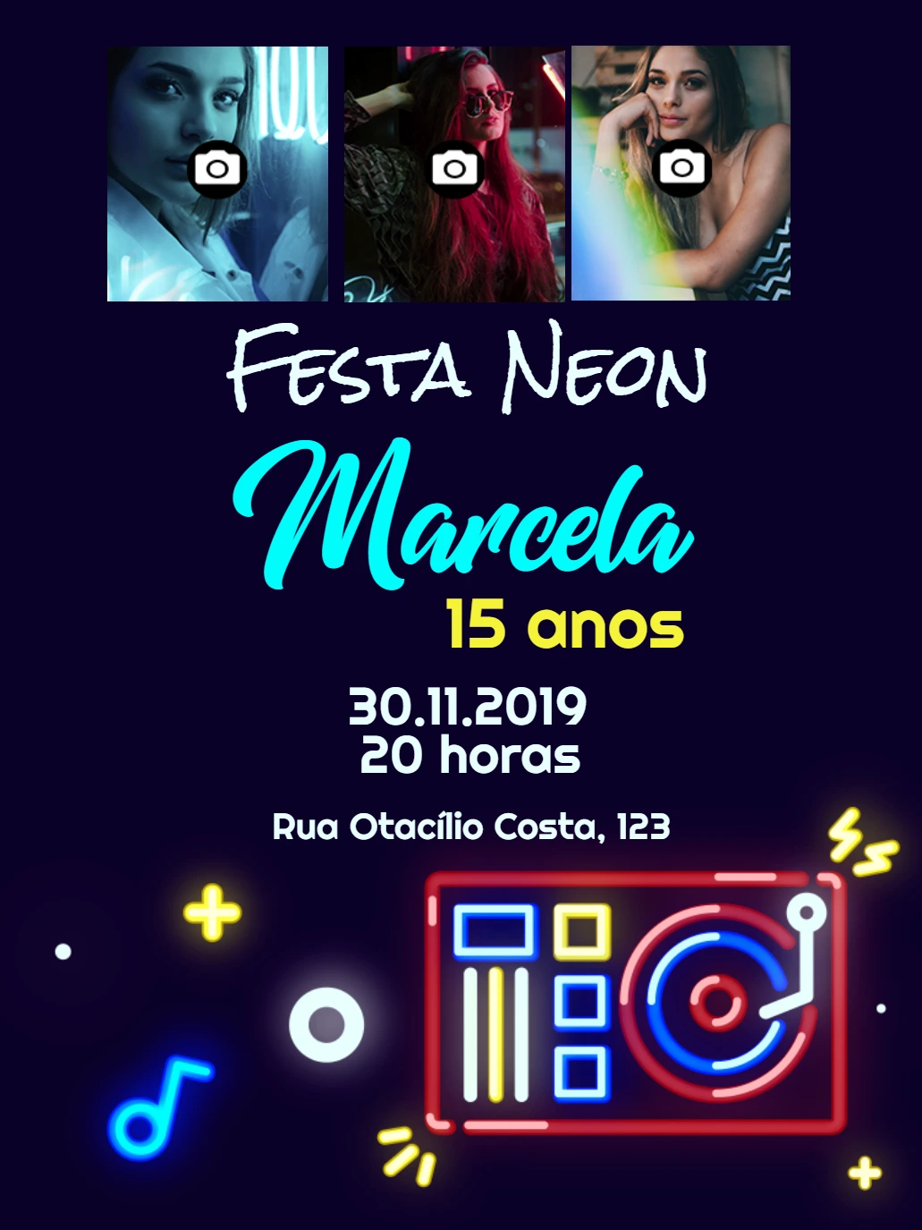 Convite de Aniversário Neon com Fotos para Editar Online