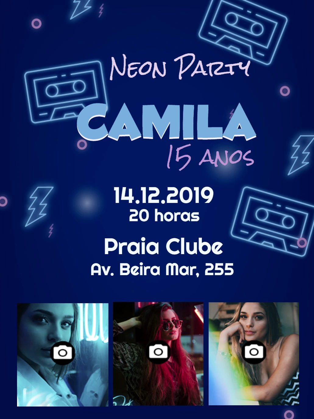 Convite de Aniversário Neon com Fotos para Editar Online